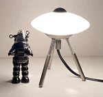 Vintage Ufo Flying Saucer Desk Or Bookcase Lamp - Halogen Bulb Metal Legs. Fixed Price $110.00.